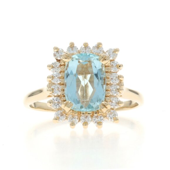 Yellow Gold Aquamarine Diamond Halo Ring - 14k Cushion 2.63ctw - Picture 1 of 6